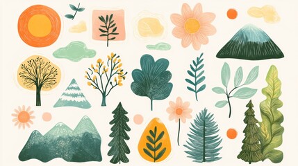 Aufkleber - Colorful collection of nature themed stickers capturing trees, flowers, mountains, and sunny skies in a playful design. Generative AI