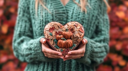 Canvas Print - Autumnal heart-shaped box with pumpkins and leaves.