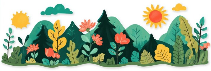 Aufkleber - Colorful nature stickers featuring mountains, flowers, and sunny weather in a vibrant outdoor setting. Generative AI