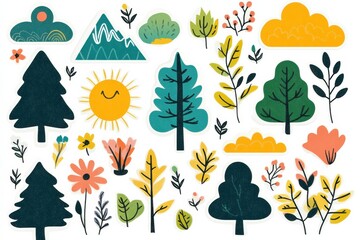 Poster - Colorful collection of nature themed stickers featuring trees, flowers, sun, and mountains in playful designs. Generative AI