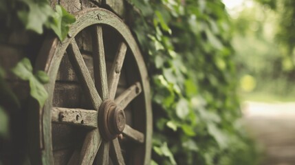 Wall Mural - Old wooden wheel on brick wall, ivy background, rural setting; rustic decor