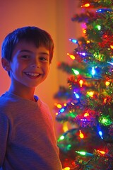 Canvas Print - A happy young boy standing in front of a decorated Christmas tree