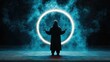 © Konstiantyn Zap - Mysterious figure in cloak confronts glowing circle in dark misty atmosphere