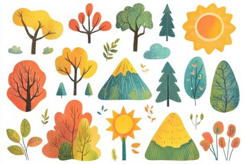 Poster - Colorful collection of nature themed stickers set in a whimsical design ideal for creative projects and personal use. Generative AI
