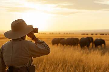 wildlife ranger observing a herd of elephants in the african savanna at sunset, symbolizing the prot