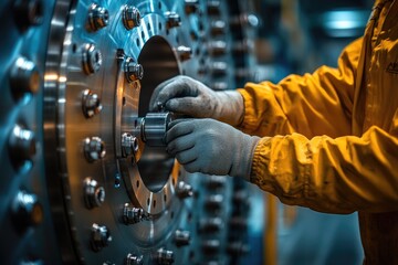 Poster - Industrial worker repairing heavy machinery with wrench in factory