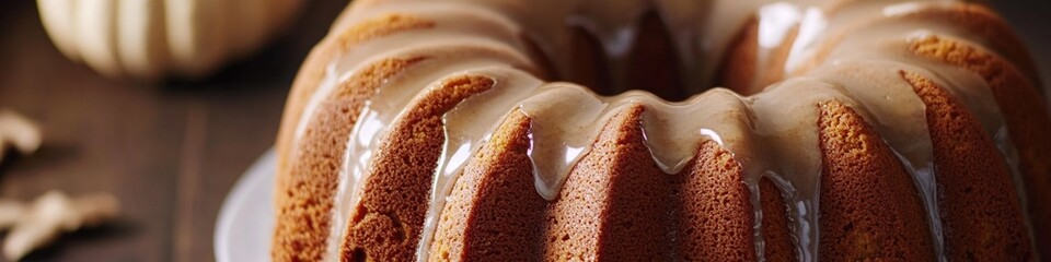 Wall Mural - A slice of bundt cake with creamy icing on a plate, perfect for dessert or special occasion