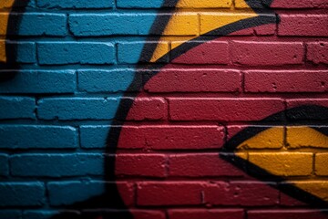 Poster - A close-up view of a street mural showcases vibrant colors and abstract shapes on a brick wall, with shadows creating depth and a blank space for potential text
