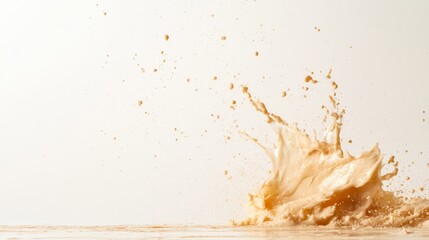 Poster - A close-up shot captures cheddar cheese sauce splashing upwards, showing rich texture and creamy appearance with droplets suspended in mid-air