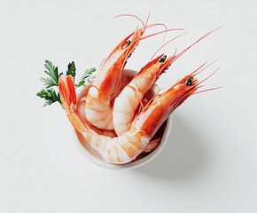 Sticker -  fresh, cooked shrimp with their shells on, arranged on a clean white surface.