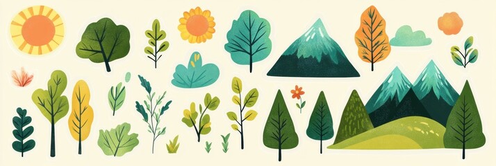 Aufkleber - Colorful nature stickers featuring trees, mountains, and sunshine for creative projects and decoration. Generative AI