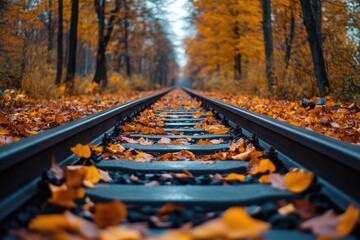 Wall Mural - Railway tracks disappearing into foggy autumn forest with orange leaves