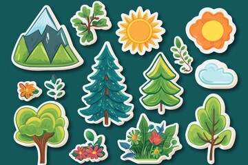 Aufkleber - Colorful nature themed stickers featuring trees, flowers, mountains, and sun designs on a green background for creative projects. Generative AI
