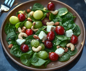 Canvas Print - salad with mozarella, spinach, grapes, cherry tomatos and cashew nuts