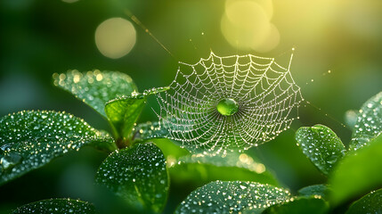 Wall Mural - dew-kissed spiderweb in lush garden at sunrise, bokeh background