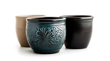 Wall Mural - Three beautifully crafted ceramic pots with intricate designs, showcasing a minimalist aesthetic