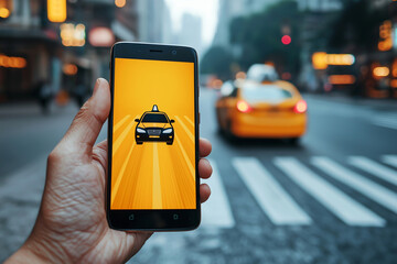 A hand holds a smartphone showing a taxi app icon, illustrating the ease of hailing a ride in an urban setting using mobile technology, emphasizing digital and modern transportation solutions.