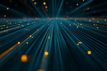 Fototapete - Bold blue and orange light trails stretch across a dark background, showcasing the swift movement of technology and connectivity, with open space for design elements