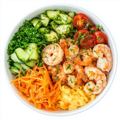 Wall Mural - Bowl of Shrimp Salad, Salad Bowl Style, top view, stock photo, isolated on white, photorealistic food