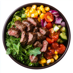 Wall Mural - Bowl of Steak Salad, Salad Bowl Style, top view, stock photo, isolated on white, photorealistic food