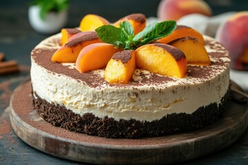 Wall Mural - Delicious peach cheesecake decorated with cocoa and mint leaves sitting on wooden plate