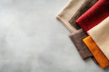 Aufkleber - Neatly arranged window blinds featuring various textures and colors lie on a light gray surface, creating an inviting visual with soft natural shadows