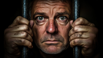 Captured is a close-up of a middle-aged man in a prison cell, showcasing his intense gaze filled with despair. His hands grip the cold bars, symbolizing confinement and longing for freedom