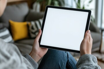 A person is holding a tablet with a blank white screen, perfect for using as a placeholder or demonstrating a device