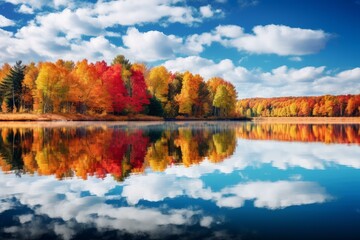 Poster - Stunning vibrant fall foliage reflected in a calm lake under a beautiful cloudy sky