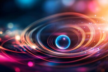 Leinwandbilder - A glowing blue energy orb floats in a dark, star-speckled space, surrounded by plasma waves and cosmic light trails, representing advanced technology and innovation