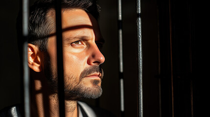 Wall Mural - A middle-aged man stands quietly behind cold metallic bars, his face illuminated by soft light