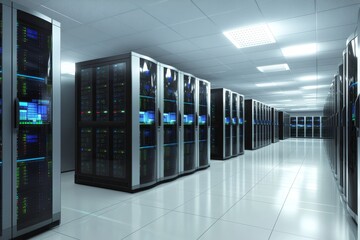 Aufkleber - Inside a high-tech data center, sleek server racks emit a soft blue glow, highlighting advanced technology and offering ample copy space for text on the right