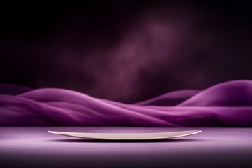 Fototapete - This elegant podium features a curved metallic design, illuminated by soft golden light, set against deep purple drapery creating a visually striking modern ambiance