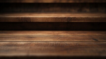 Poster - Staircase made of wooden planks captures warm, ambient light, guiding the viewer's gaze upward into shadow, inviting exploration and reflection