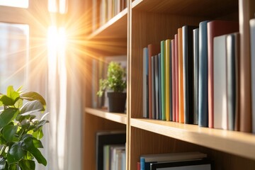 Poster - Sunlight streams through sheer curtains, highlighting a cozy nook filled with a well-organized bookshelf, small plants, and personal touches