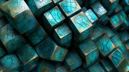 Wall Mural - Turquoise cubes stacked in a futuristic pattern with light reflections creating a dynamic design element.