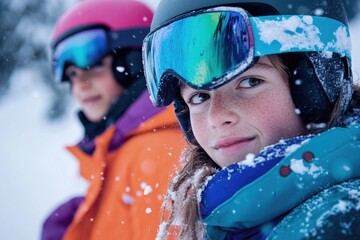 Wall Mural - Two people skiing and wearing goggles in snowy terrain