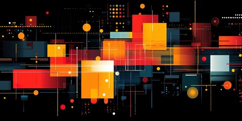 Wall Mural - bright abstract composition with geometric shapes and vibrant colors on a dark background
