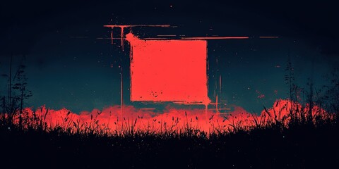 Wall Mural - abstract red square against a dark, moody landscape at twilight