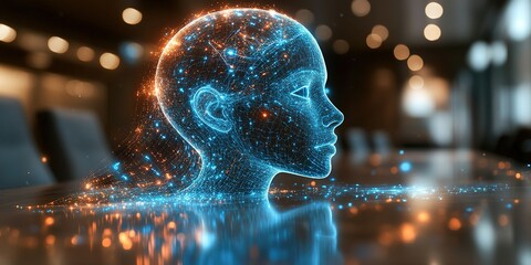 Wall Mural - digital representation of a human head with glowing particles in a contemporary interior setting