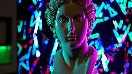 Wall Mural - white gypsum bust of apollo illuminated by vibrant neon lights, creating a striking contrast against