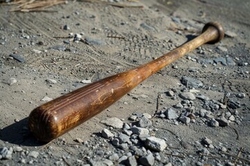 Weathered wooden baseball bat is lying on the ground, suggesting danger and possibly violence