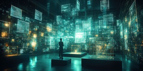 Wall Mural - immersive art installation featuring digital projections in a darkened space with a visitor explorin