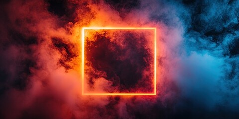 Wall Mural - colorful smoke clouds with glowing neon square in a dark atmosphere during nighttime