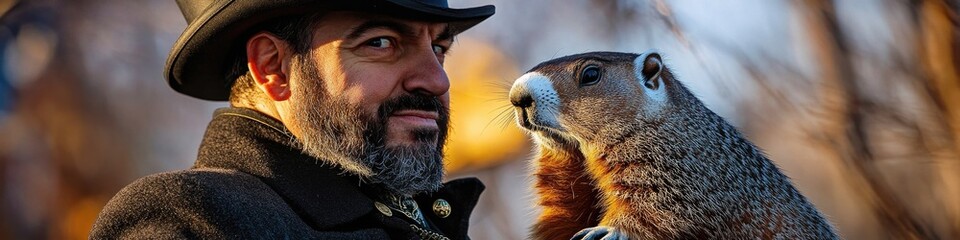 Wall Mural - A person in a hat and coat is seen holding a squirrel, possibly for conservation or educational purposes