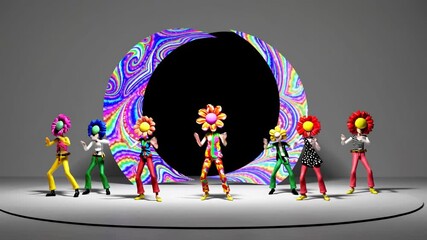 Wall Mural - six dancers with colorful flower heads are performing on a psychedelic stage with a swirling backdro