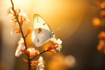 Poster - Beautiful white butterfly perched on a delicate flower, enjoying the warm glow of the setting sun