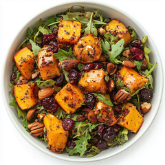 Wall Mural - Bowl of Harvest Salad, With Roasted Squash, Cranberries, And Nuts, Salad Bowl Style, top view, stock photo, isolated on white, food setting