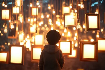 Wall Mural - a person stands in front of a colorful wall made of light bulbs, ideal for use in illustrations abou