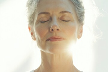 Wall Mural - A woman lying down with her eyes closed, possibly in a state of meditation or sleep